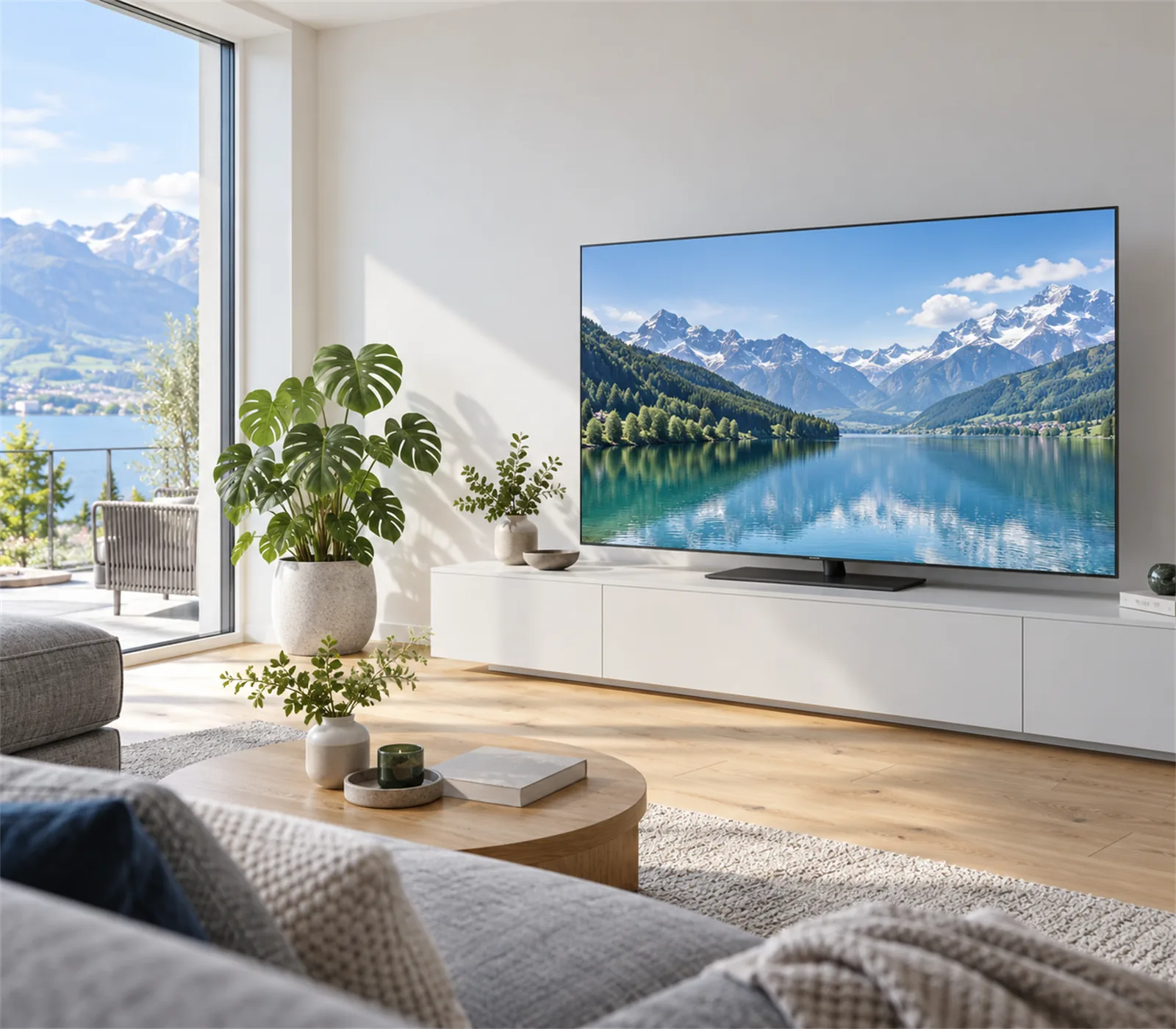 Moderner Fernseher im hellen Schweizer Wohnzimmer