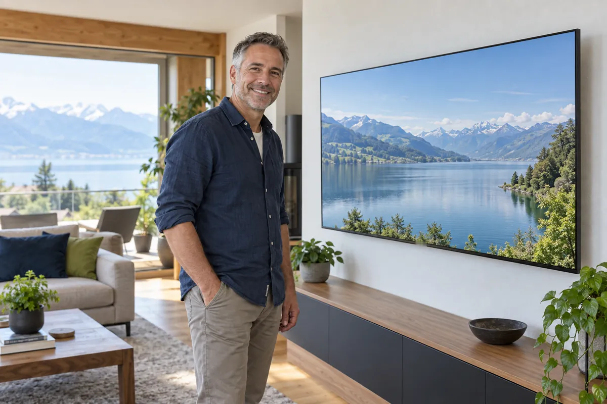 Zufriedener Swiss-TV-Kunde vor seinem Fernseher